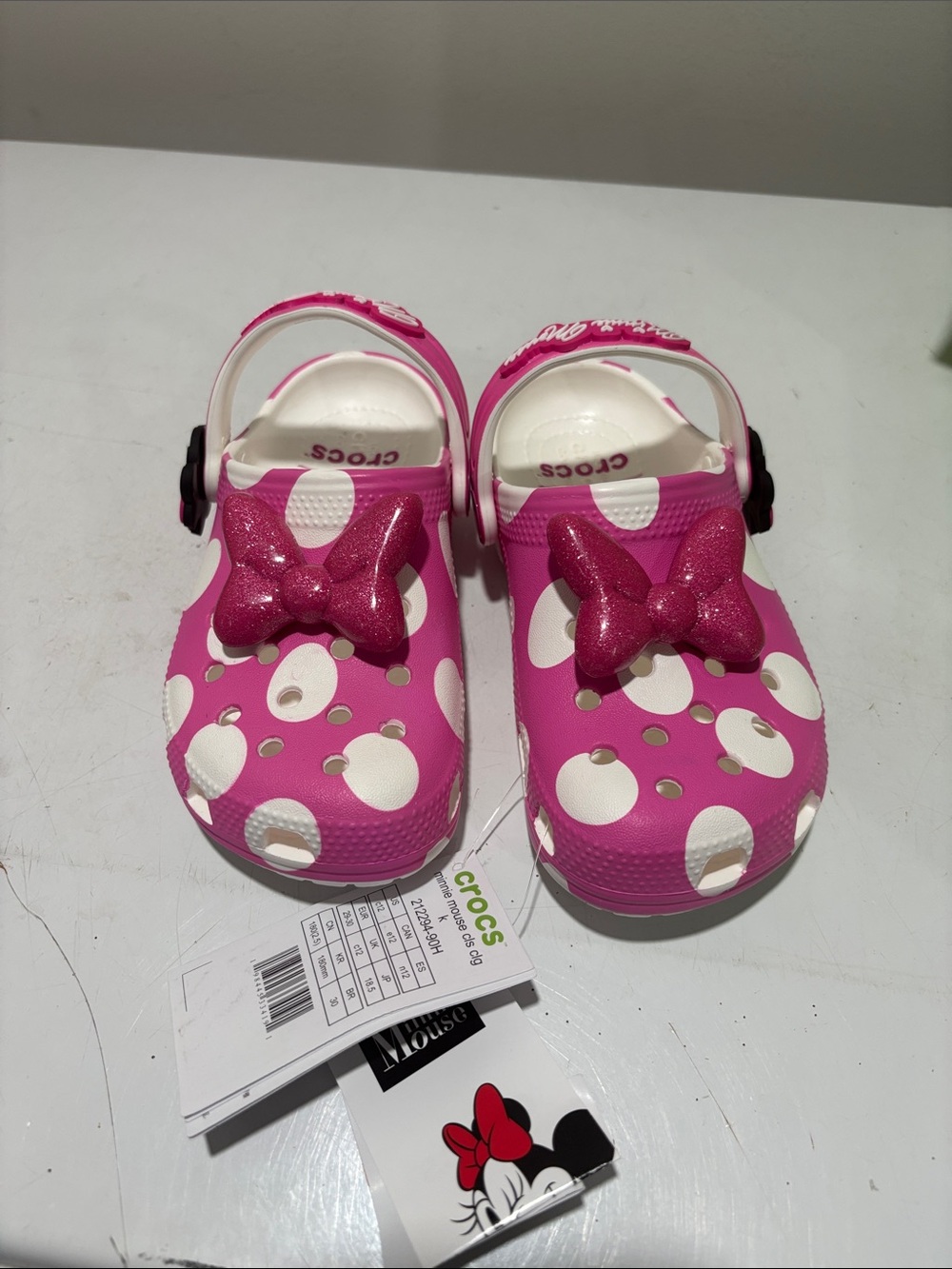 CROCS Kids Pink and White Minnie Polka Dot Clogs with Glitter Bow Sz C12
